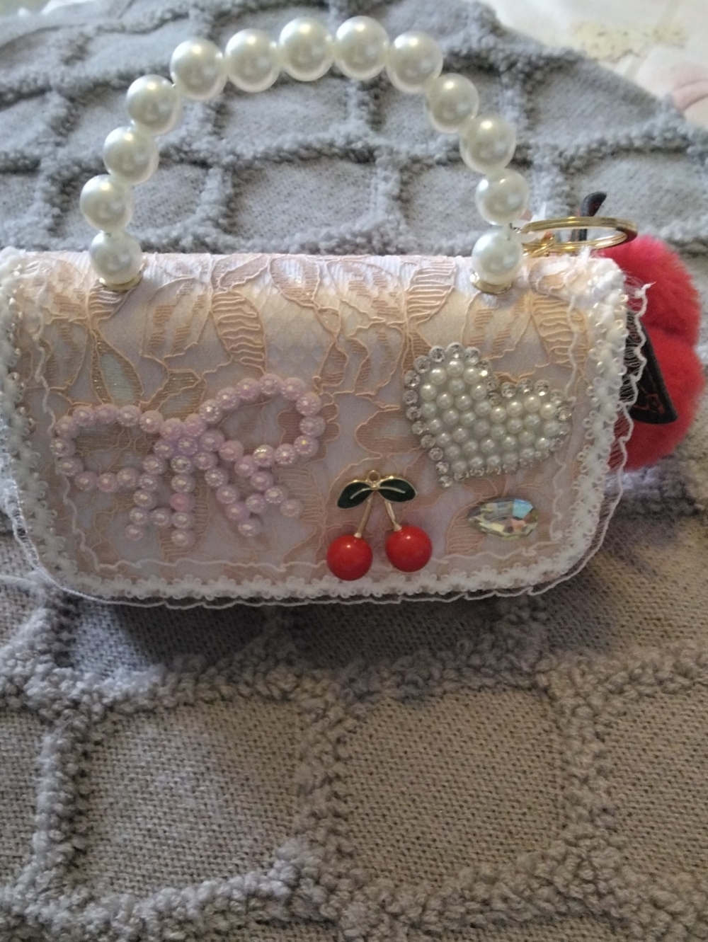 Pearl Handle Embellished Mini Purse - Pink Lace with Cherry & Heart Accents